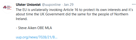 Ulster Unionist Party on Twitter: The Eu is unilaterally invoking Article 16 to protect its own interests and it's about time the UK Government did the same for the people of Northern Ireland - Steve Aiken OBE MLA