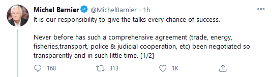 Michel Barnier on Twitter - It is our responsibility to give the talks every chance of success.