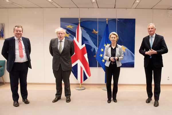 David Frost, Boris Johnson, Ursula von der Leyen, and Michel Barnier meeting in Brussels.