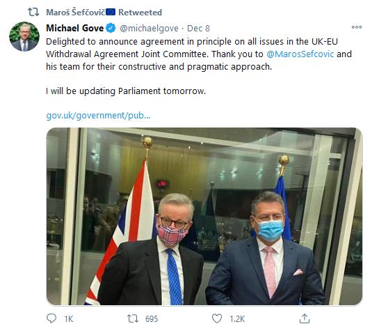Michael Gove on Twitter - Delighted to announce agreement in principle on all issues in the UK-EU Withdrawal Agreement Joint Committee. Thank you to @MarisSefcovic and his team for their constructive and pragmatic approach. I will be updating Parliament tomorrow.