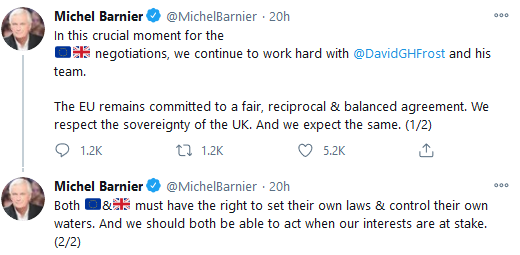 Michel Barnier on Twitter - In this crucial moment for the negotiations, we continue to work hard with @DavidGHFrost and his team.