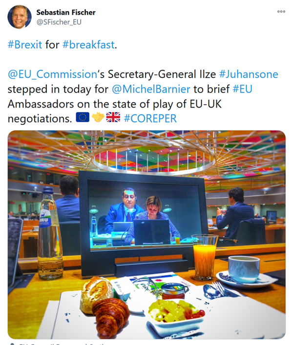 Sebastian Fischer on Twitter - #Brexit for #breakfast. @EU_Commission's Secretary-General Ilze #Juhansone stepped int oday for @MichelBarnier to brief #EU Ambassadors on the state of play of EU-UK