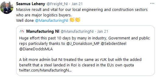 Seamus Leheny on Twitter - Massive result and vital for our local engineering and construction sectors who are major logistics buyers. Well done @ManufacturingNI
