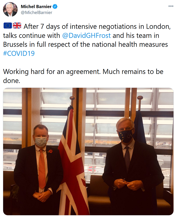 Michel Barnier on Twitter - After 7 days of intensive negotiations in London, talks continue with @DavidGHFrost and his team in Brussels in full respect of the national health measures #COVID19