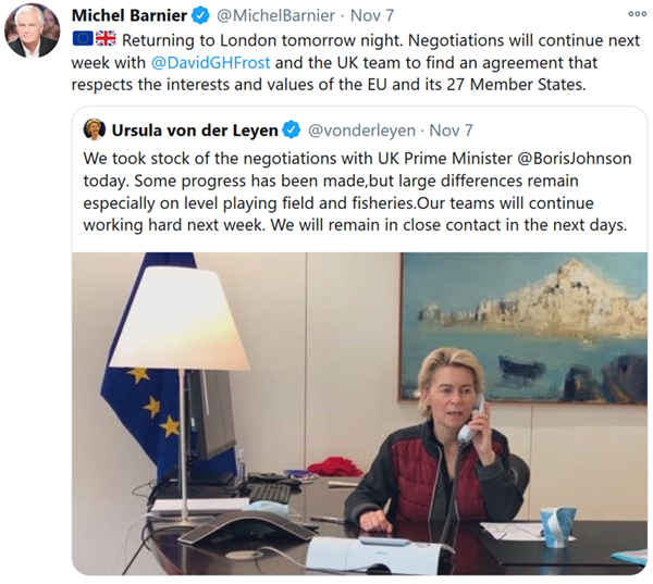 Tweet from Michel Barnier - Returning to London tomorrow night. Negotiations will continue next week with @DavidGHFrost and the UK team to find an agreement that respects the interests and values of the EU and its 27 member States.