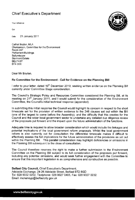 Belfast City Council Submission to the Planning Bill