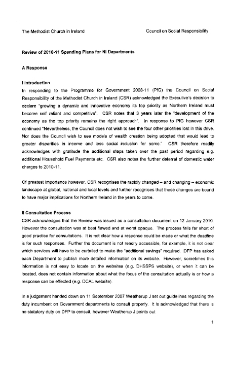 The Methodist Church in Ireland - Review of 2010-11 Spending Plans