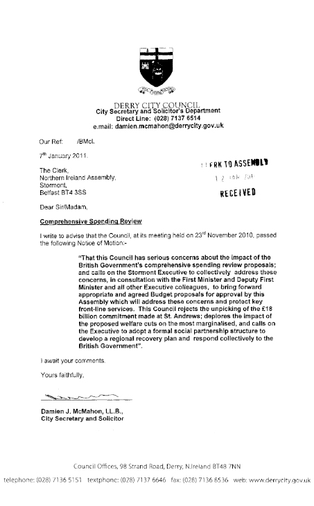 Letter from Derry City Council