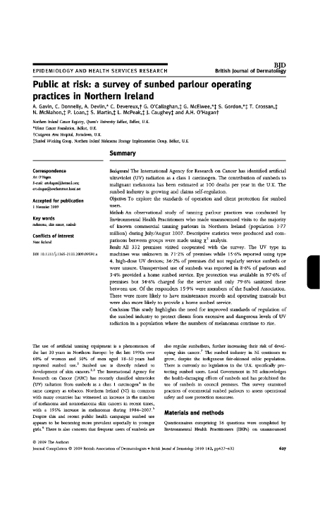 Article - Public at Risk: a survey of sunbed parlour operating practices in NI