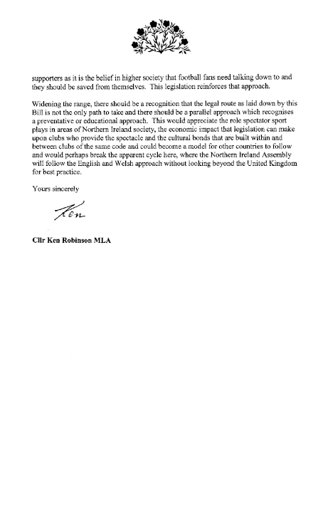 Cllr Ken Robinson MLA submission