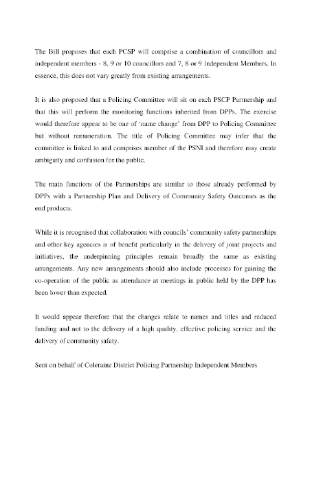 Coleraine District Policing Partnership Independent Members submission