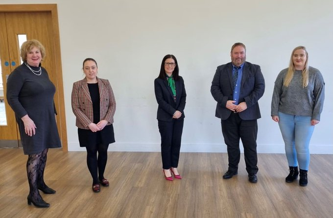 Committee for Health Chair Colm Gildernew pictured with MLA’s Paula Bradshaw and Deborah Erskine and representatives from Focus: The Identity Trust in Dungannon, March 2022. 