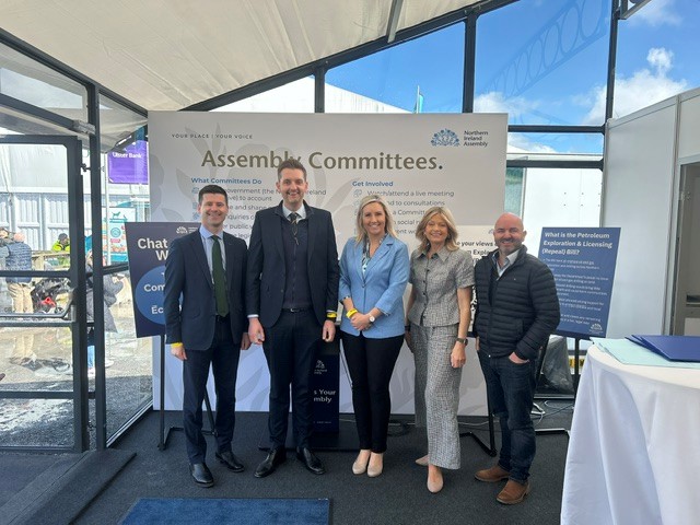 Jonathan Buckley, Phillip Brett, Diane Forsythe, Diana Armstrong and David Honeyford at the Balmoral Show NI Assembly marque 