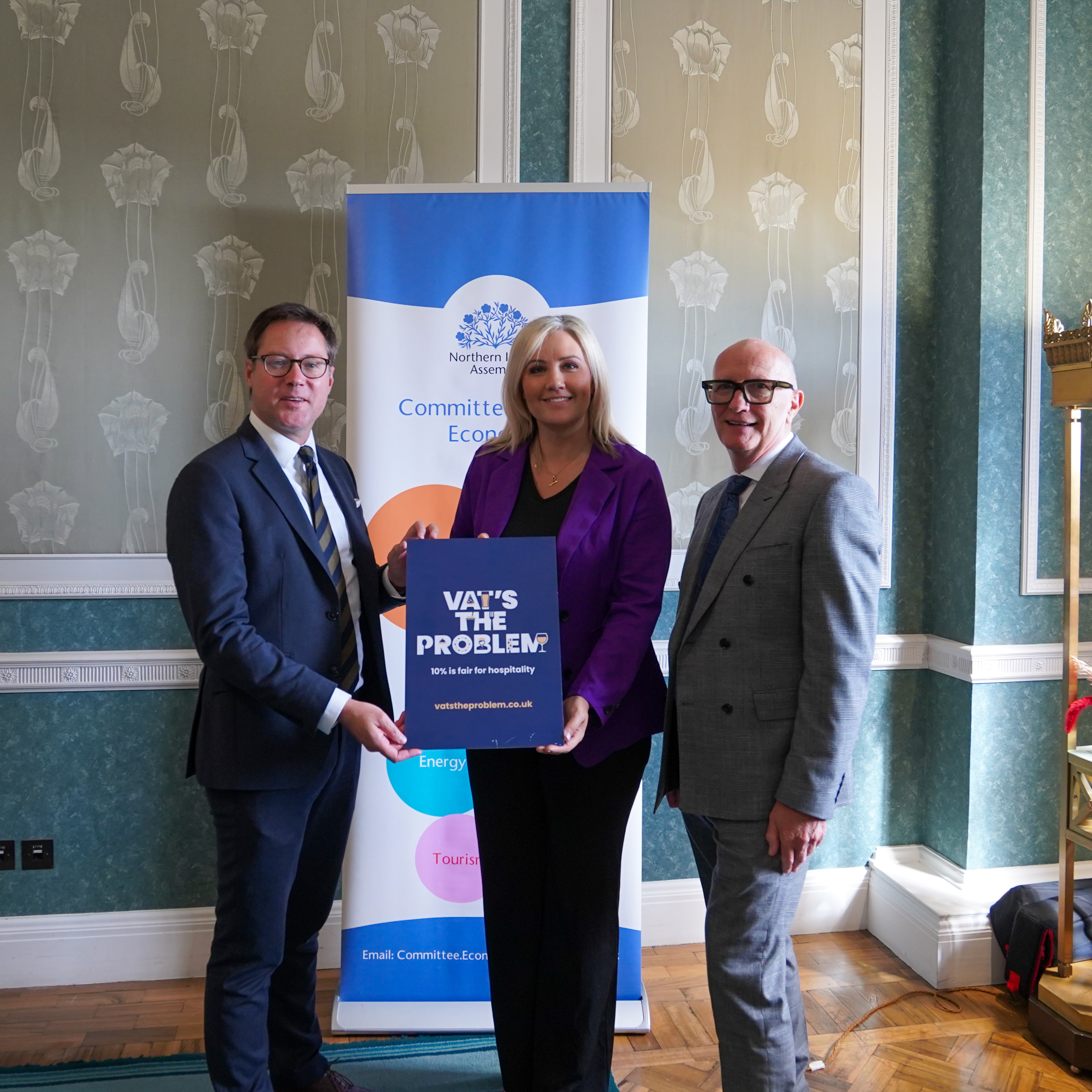 Diane Forsythe with representatives from UK Hospitality and Hospitality Ulster Allen Simpson, UK Hospitality, Diane Forsythe MLA and Colin Neill Hospitality Ulster