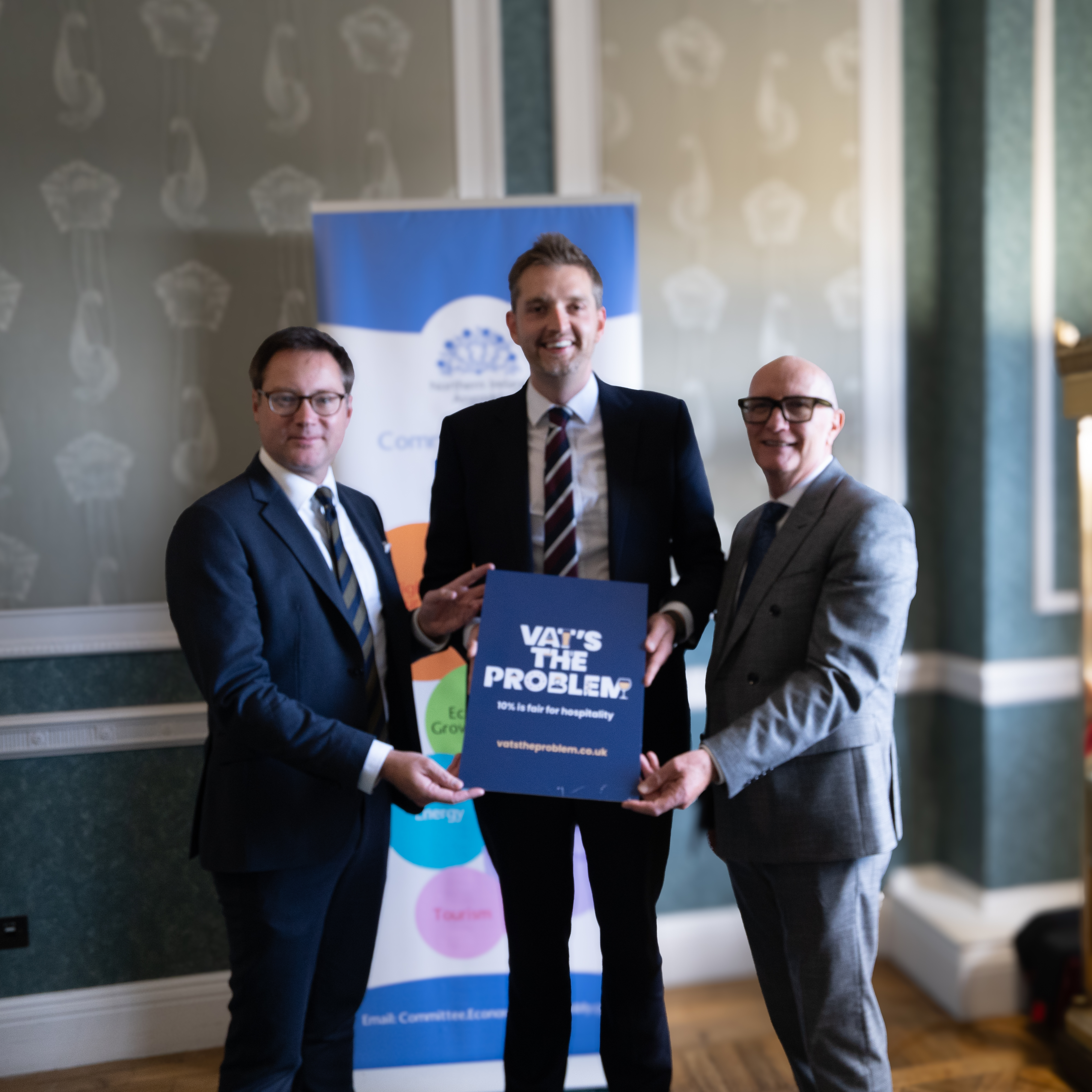Phillip Brett MLA with representatives from UK Hospitality and Hospitality Ulster Allen Simpson, UK Hospitality, Phillip Brett MLA and Colin Neill Hospitality Ulster