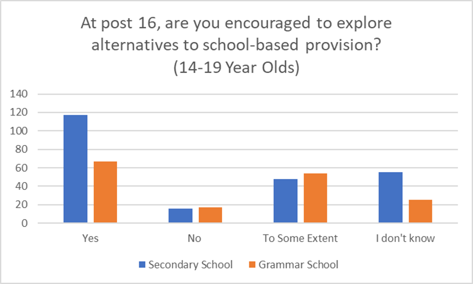 Bar chart showing responses to the question 'At post 16, are you encouraged to explore alternatives to school-based provision? (14-19 year olds)'. Of approximately 400 responses in total, around 240 were from secondary school students and 160 were from grammar school students. Of the approximate 240 secondary school students, around 118 said 'yes', 17 said 'no', 45 said 'to some extent' and 60 said 'I don't know'. Of the approximate 160 grammar school students, around 65 said 'yes', 18 said 'no', 55 said 'to some extent' and 22 said 'I don't know'.