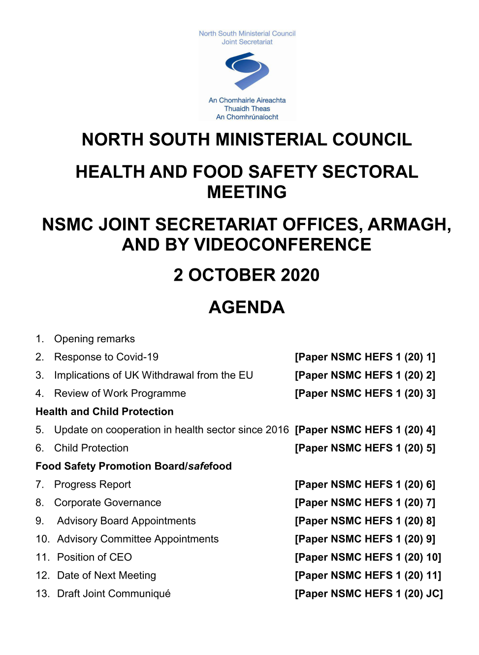 Agenda for the North South Ministerial Council Health and Food Safety