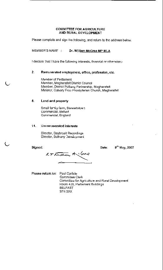 Dr William McCrea declaration of interests