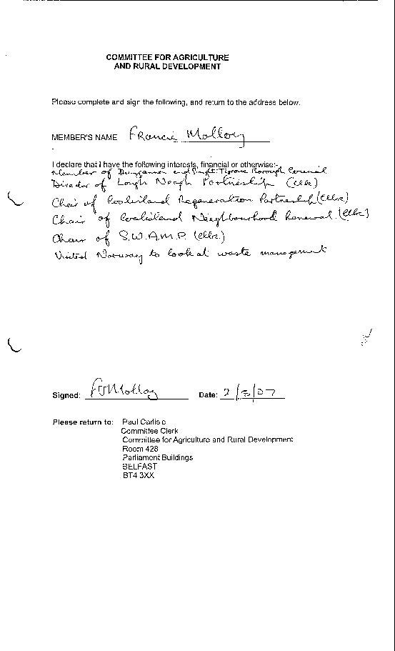 Francie Molloy declaration of interests
