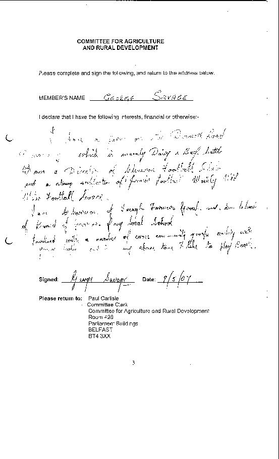 George Savage declaration of interests
