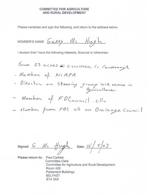 Mr Gerry McHugh Register of Interests