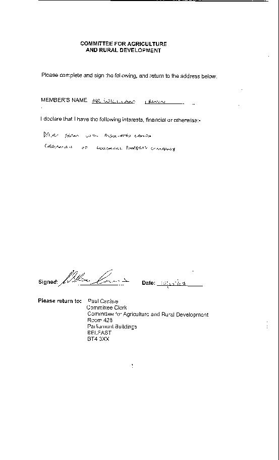 William Irwin declaration of interests