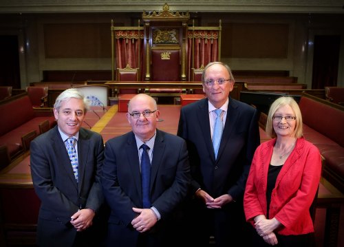 The Speaker of the Northern Ireland Assembly, Mr William Hay MLA, today welcomed the Speaker of the House of Commons, the Rt Hon John Bercow MP, the Ceann Comhairle of Dáil Éireann, Seán Barrett TD, and the Scottish Parliament Presiding Officer, the Rt Hon Tricia Marwick MSP to Northern Ireland.  The Speaker and his guests are pictured in the Senate Chamber in Parliament Buildings.