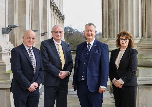 Pictured left to right on the balcony of Parliament Buildings, Deputy SPeaker John Blair MLA, Deputy SPeaker Dr. Steve Aiken MLA, The SPeaker, Edwin Poots MLA, and Principal Deputy Speaker  Carál Ní Chuilín MLA  