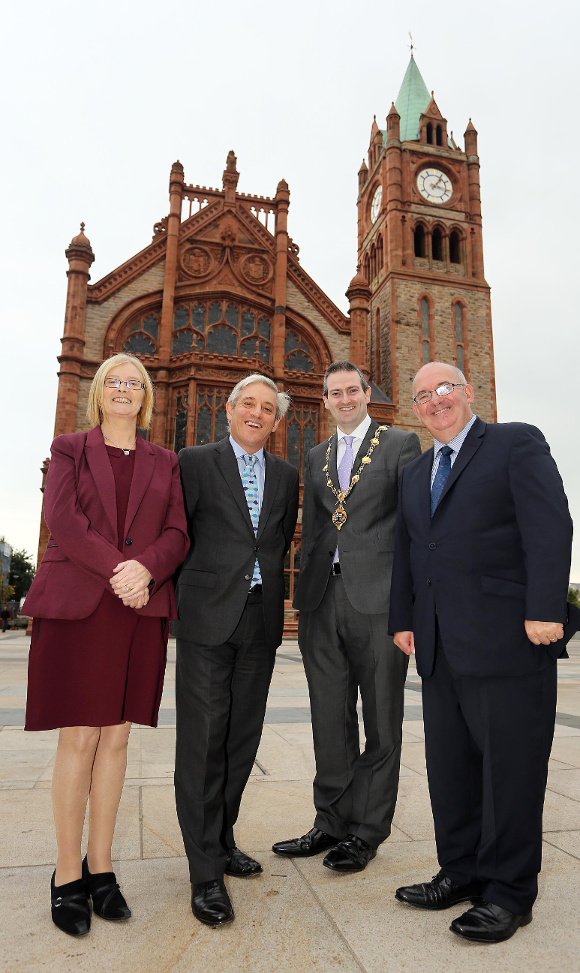©/Lorcan Doherty Photography - 30th September 2013. ASSEMBLY SPEAKER WELCOMES HIS COUNTERPARTS TO FOYLE The Mayor of Derry, Councillor Martin Reilly, with The Speaker of the Northern Ireland Assembly, Mr William Hay MLA, right, and Speaker of the House of Commons, the Rt Hon John Bercow MP and the Scottish Parliament Presiding Officer, the Rt Hon Tricia Marwick MSP during a visit to the Guildhall on their tour of UK City of Culture to undertake a series of meetings and visits.  Photo Lorcan Doherty Photography