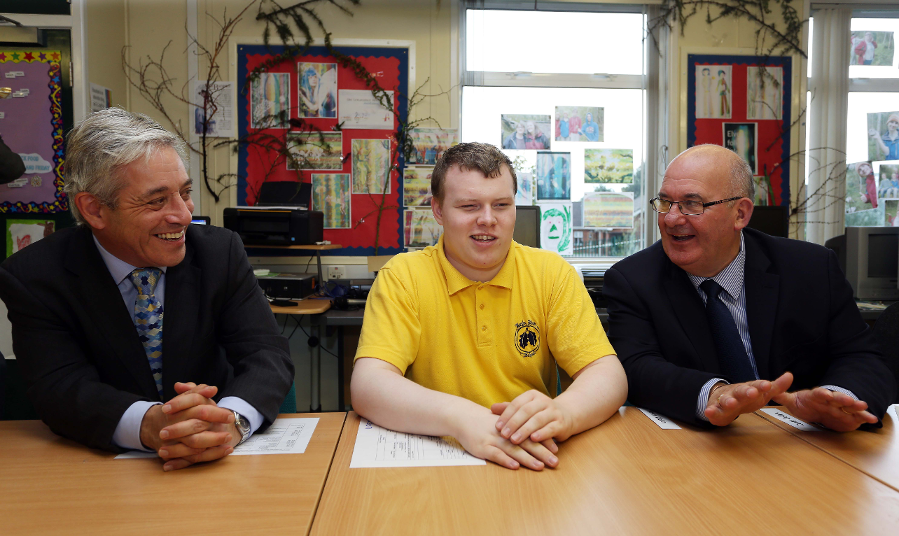 ©/Lorcan Doherty Photography - 30th September 2013. ASSEMBLY SPEAKER WELCOMES HIS COUNTERPARTS TO FOYLE. L-R  The Speaker of the Northern Ireland Assembly, Mr William Hay MLA, right, and Speaker of the House of Commons, the Rt Hon John Bercow MP chatting to Foyle View student, Jason Welsh, during a visit to the UK City of Culture.