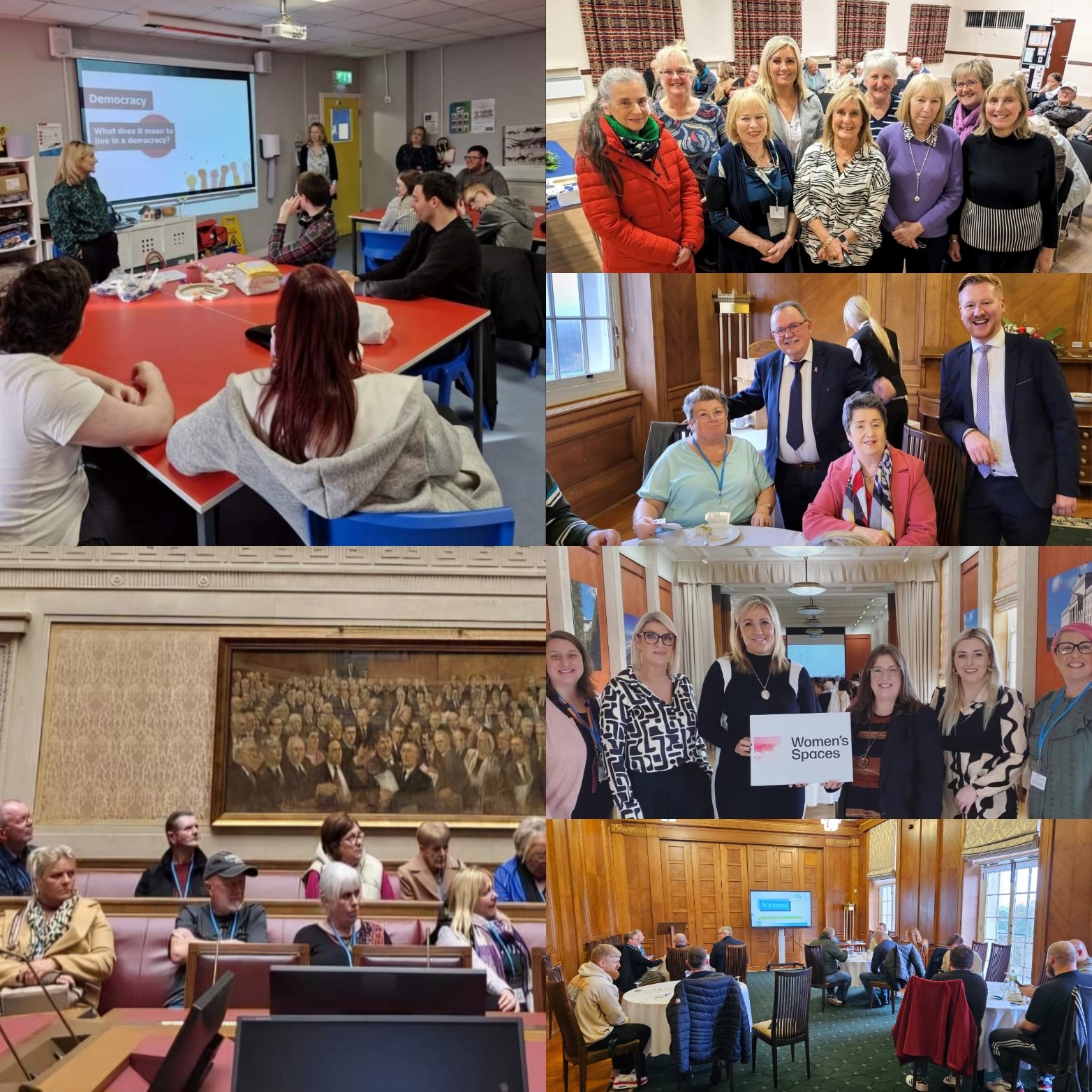 A collage of pictures showing multiple groups of participants taking part in Assembly Explained workshops in Parliament Buildings over the year