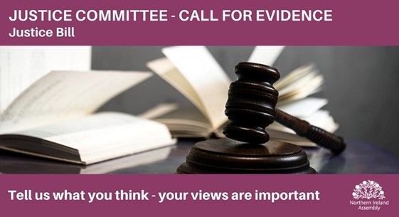 Graphic to promote the Justice Bill consultation - it features an image of a gavel beside open books and the following text: Justice Committee Call for Evidence: Justice Bill, tell us what you think - your views are important.