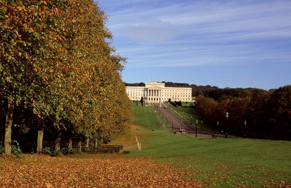 Stormont Estate in autumn with Parliament Buildings seen at the top of the hill 